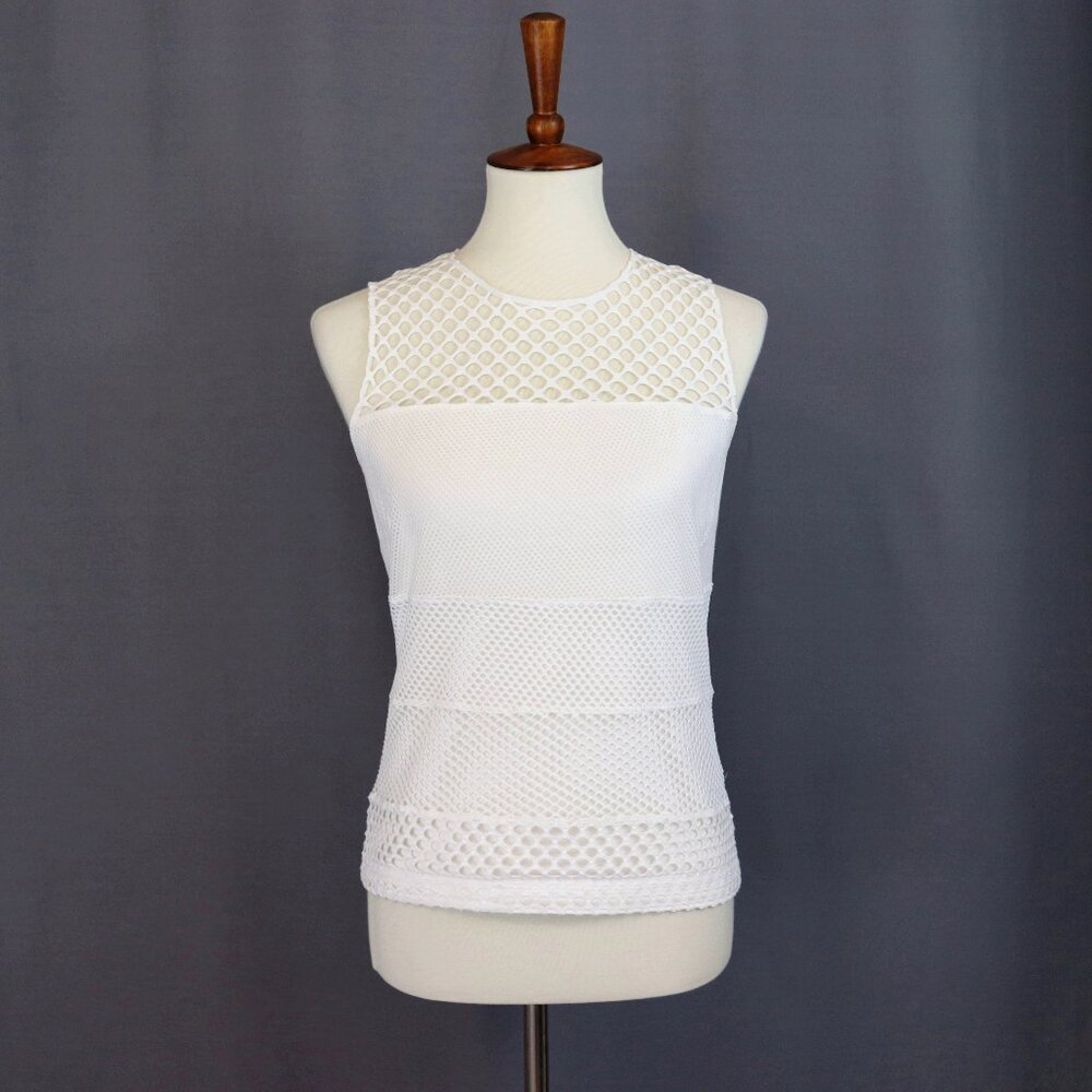 Akris Punto 8 White Perforated Sheer Open Mesh Polka Dot Stretch Sleeveless Top